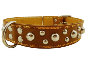 Genuine 1.6" Wide Leather Studded Dog Collar Tan Fits 19"-24" Neck Large Breeds Cane Corso, Bulldog