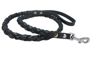 Black 4-thong Round Fully Braided Genuine Leather Dog Leash, 4 Ft Long, Large Breeds