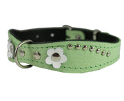 Genuine leather Designer Dog Collar 14.5"x1" with Studs, Daisy, and Rhinestone, Fit 10.5"-13" neck