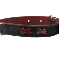 Genuine Black Leather Metal Bone Studs Soft Black Leather Padded Dog Collar 3/4" Wide 10"-14" Neck