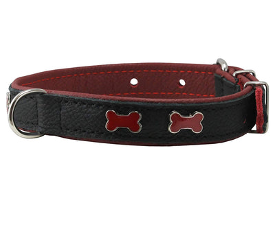 Genuine Black Leather Metal Bone Studs Soft Black Leather Padded Dog Collar 3/4