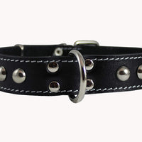 Black Genuine 1" Wide Thick Leather Studded Dog Collar. Fits 14"-17" Neck, Medium Breeds.
