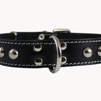 Black 1.25" Wide Thick Real Leather Studded Dog Collar. Fits 15"-20" Neck, Medium Breeds.