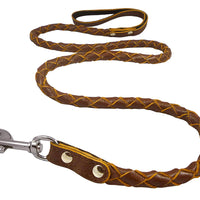 4-thong Round Fully Braided Genuine Leather Dog Leash, 4 Ft x 5/8" (15mm) Brown, Medium Breeds
