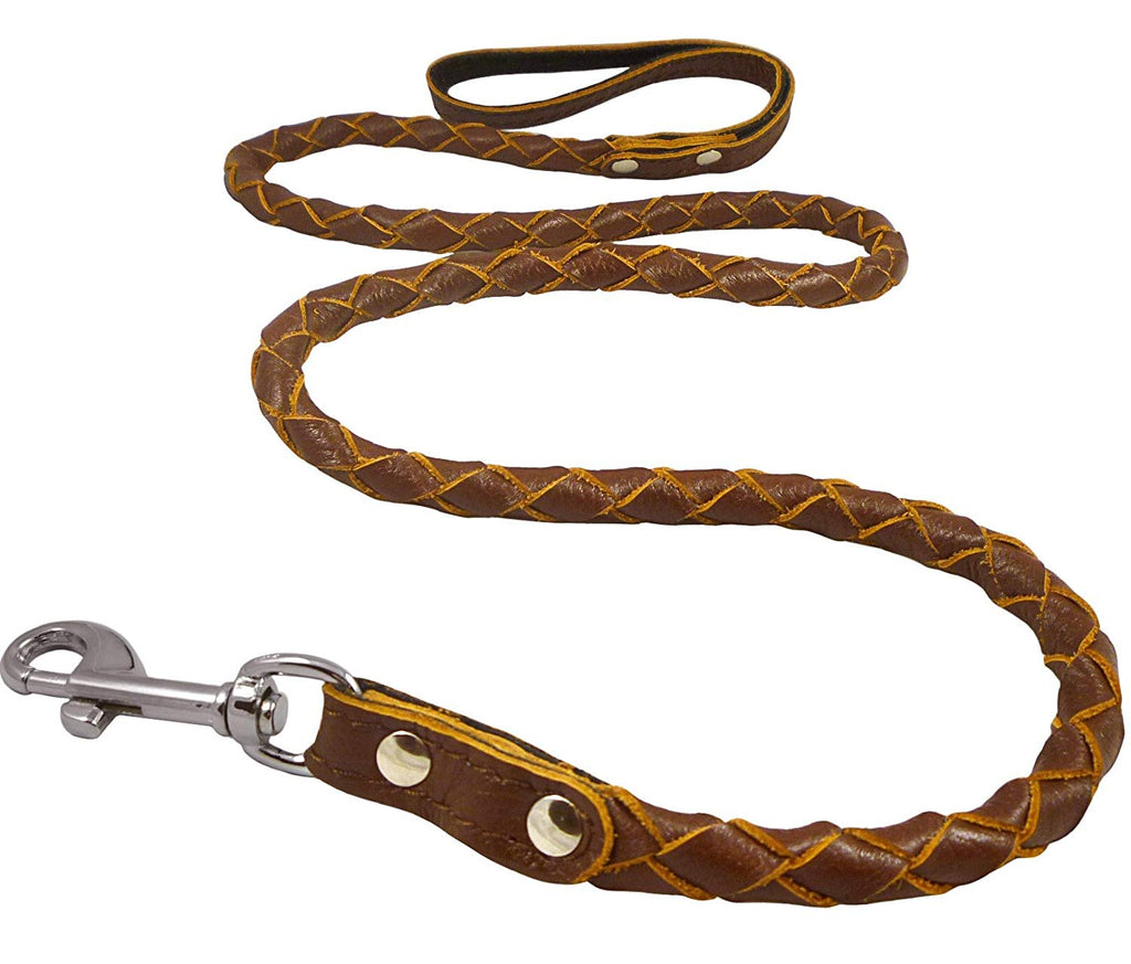 4-thong Round Fully Braided Genuine Leather Dog Leash, 4 Ft x 5/8" (15mm) Brown, Medium Breeds