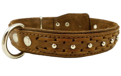 Genuine Leather Braided Studded Dog Collar, Brown 1.25