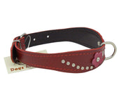 Red Genuine leather Designer Dog Collar 14.5"x1" with Studs, Daisy, and Rhinestone