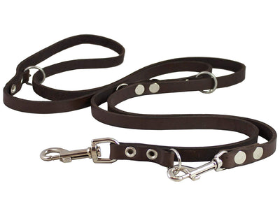 Dogs My Love Brown 6-Way Euro Leather Dog Leash, Adjustable Lead 49