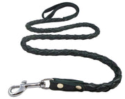 4-thong Round Fully Braided Genuine Leather Dog Leash, 4 Ft x 5/8" (15mm) Black, Medium Breeds