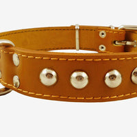 Genuine 1.25" Wide Thick Leather Studded Dog Collar. Tan, Fits 15"-20" Neck, Medium Breeds.