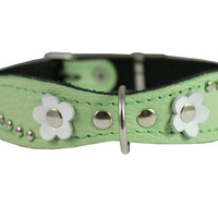 Genuine Leather Designer Dog Collar 11"x3/4" with Studs, Daisy, and Rhinestone, fit 8"-10" neck
