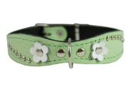 Genuine Leather Designer Dog Collar 11"x3/4" with Studs, Daisy, and Rhinestone, fit 8"-10" neck