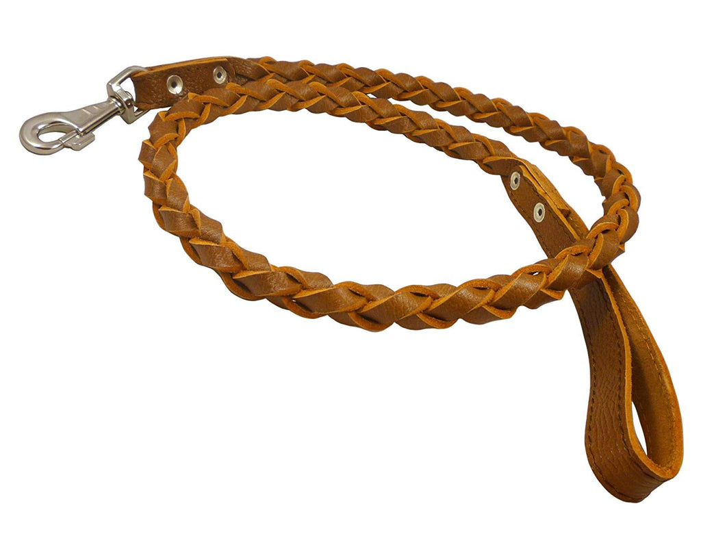 4-thong Round Fully Braided Genuine Leather Dog Leash, 4 Ft x 3/4" (20mm) Brown, XLarge Breeds