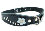 Black Genuine Leather Designer Dog Collar 11"x3/4" with Studs, Daisy, and Rhinestone