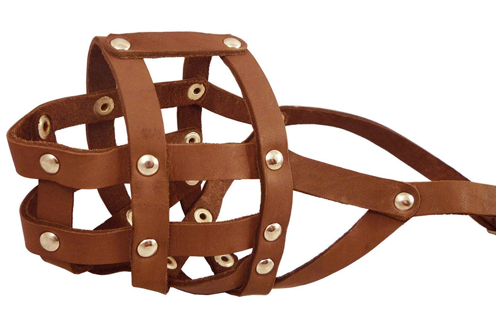Genuine Leather Dog Basket Muzzle #105 Brown - Pit Bull, AmStaff (Circumf 12", Snout Length 3.5")
