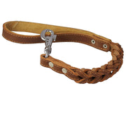 Dogs My Love Brown Leather Braided Dog Short Traffic Leash 16" Long 4-thong Braid for Large Breeds