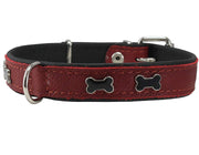 Genuine Red Leather Metal Bone Studs Soft Red Leather Padded Dog Collar 5/8" Wide Fits 10"-12" Neck