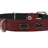 Genuine Red Leather Metal Bone Studs Soft Black Leather Padded Dog Collar 3/4" Wide. 10"-14" Neck