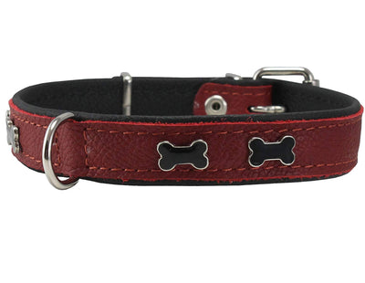 Genuine Red Leather Metal Bone Studs Soft Black Leather Padded Dog Collar 3/4