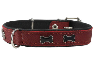 Genuine Red Leather Metal Bone Studs Soft Black Leather Padded Dog Collar 3/4" Wide. 10"-14" Neck