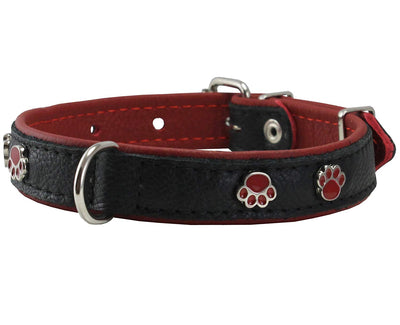 Genuine Black Leather Metal Paw Studs Soft Leather Padded Dog Collar 3/4