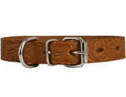 Genuine Tooled Leather Dog Collar Floral Pattern Tan 3 Sizes