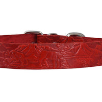 Genuine Tooled Leather Dog Collar Hunting Pattern Red 3 Sizes