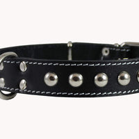 Black Genuine 1" Wide Thick Leather Studded Dog Collar. Fits 14"-17" Neck, Medium Breeds.