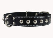 Black Genuine 1" Wide Thick Leather Studded Dog Collar. Fits 14"-17" Neck, Medium Breeds.