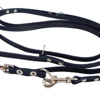 Black 6 Way Euro Leather Dog Leash, Schutzhund Lead 49"-94" Long, 3/8" Wide (10 mm) for Small Dogs