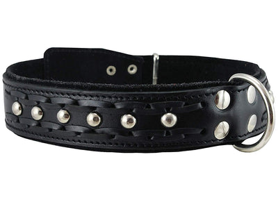 Genuine Leather Braided Studded Dog Collar, Black 1.5