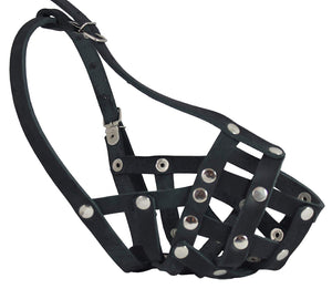 Secure Real Leather Mesh Basket Dog Muzzle - Spaniel, Poodle, Schnauzer (Circumf 9", Snout 2.7")