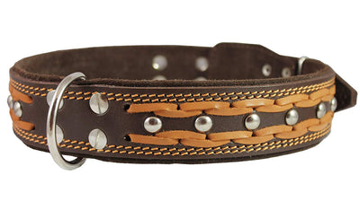 Genuine Leather Braided Studded Dog Collar, Brown 1.75