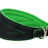 Real Leather Extra Wide Padded Tapered Dog Collar Glossy Black Saluki Deerhound Whippet Green