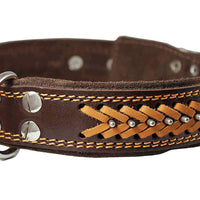 Genuine Leather Braided Studded Dog Collar, Brown 1.6" Wide. Fits 19"-24" Neck.