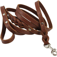 6' Genuine Leather Braided Dog Leash Brown 3/8" Wide for Small Breeds