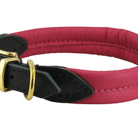 Pink Soft Genuine Rolled Leather Dog Collar Brass Hardware