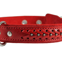 Genuine Leather Braided Studded Dog Collar, Red 1.25" Wide. Fits 16"-20.5" Neck.