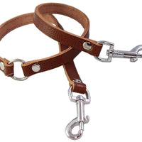 Genuine Leather Double Dog Leash - Two Dog Coupler (Brown, Small: 15" long by 1/2" wide)