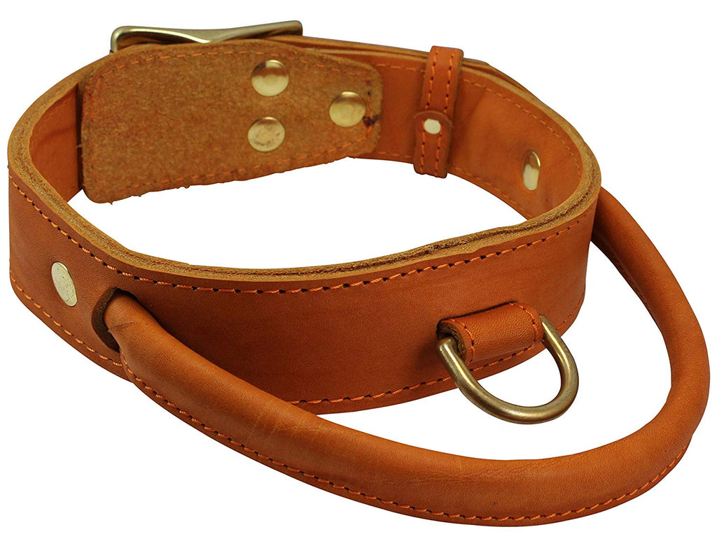 Genuine Leather Dog Collar, Rolled Leather Handle Tan