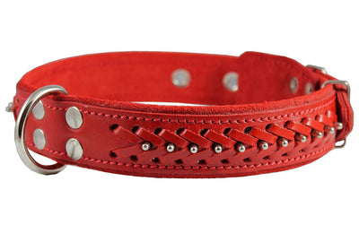Genuine Leather Braided Studded Dog Collar, Red 1.5