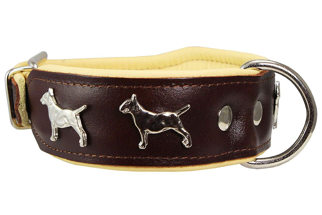 Real Leather Soft Leather Padded Dog Collar Bull Terrier 1.75" Wide. Brown/Beige