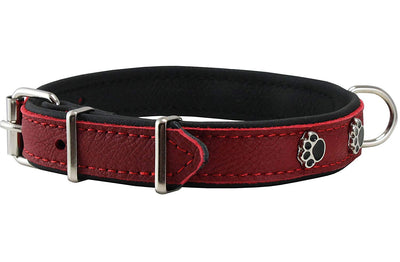 Genuine Red Leather Metal Paw Studs Soft Leather Padded Dog Collar 3/4