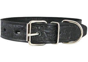 Genuine Tooled Leather Dog Collar Hunting Pattern Black 3 Sizes