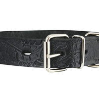 Genuine Tooled Leather Dog Collar Floral Pattern Black 3 Sizes