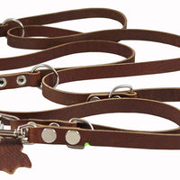 Multifunctional Leather Dog Leash Adjustable 6 Way Lead Brown 49"-94" Long 1/2" Wide (12 mm) Medium