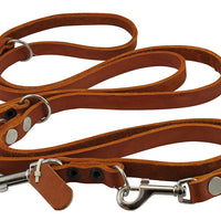 6 Way Multifunctional Leather Dog Leash, Adjustable Lead Orange 49"-94" Long, 5/8" Wide (15 mm)