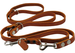 6 Way Multifunctional Leather Dog Leash, Adjustable Lead Orange 49"-94" Long, 5/8" Wide (15 mm)