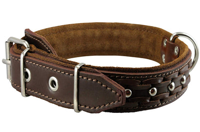 Genuine Leather Braided Studded Dog Collar, Soft Suede Padded Brown 1.5