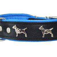 Real Leather Soft Leather Padded Dog Collar Bull Terrier 1.75" Wide. Black/Blue